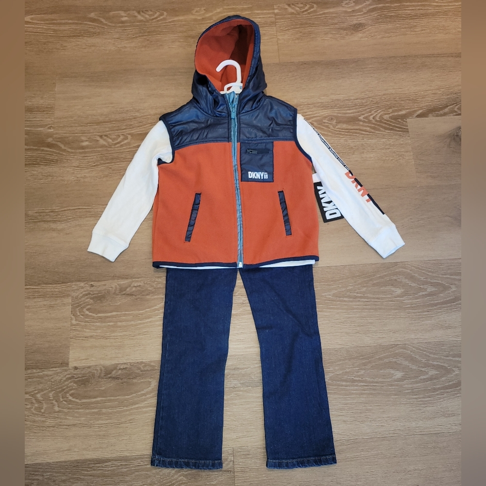 DKNY Boys’ 3 Piece Set Layered Jeans Shirt Vest Hoodie Shirt Size 5 New